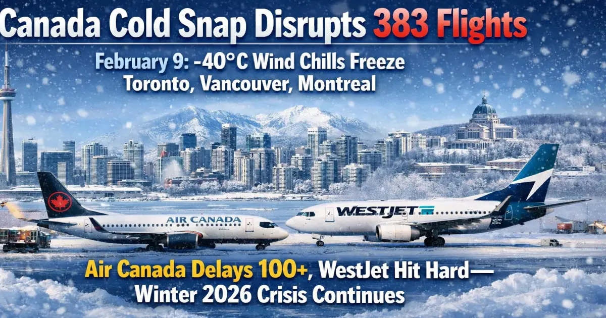 Canada cold snap February 9 2026 Toronto Pearson Airport flight delays -40°C wind chill extreme cold Air Canada WestJet passengers stranded 383 disruptions