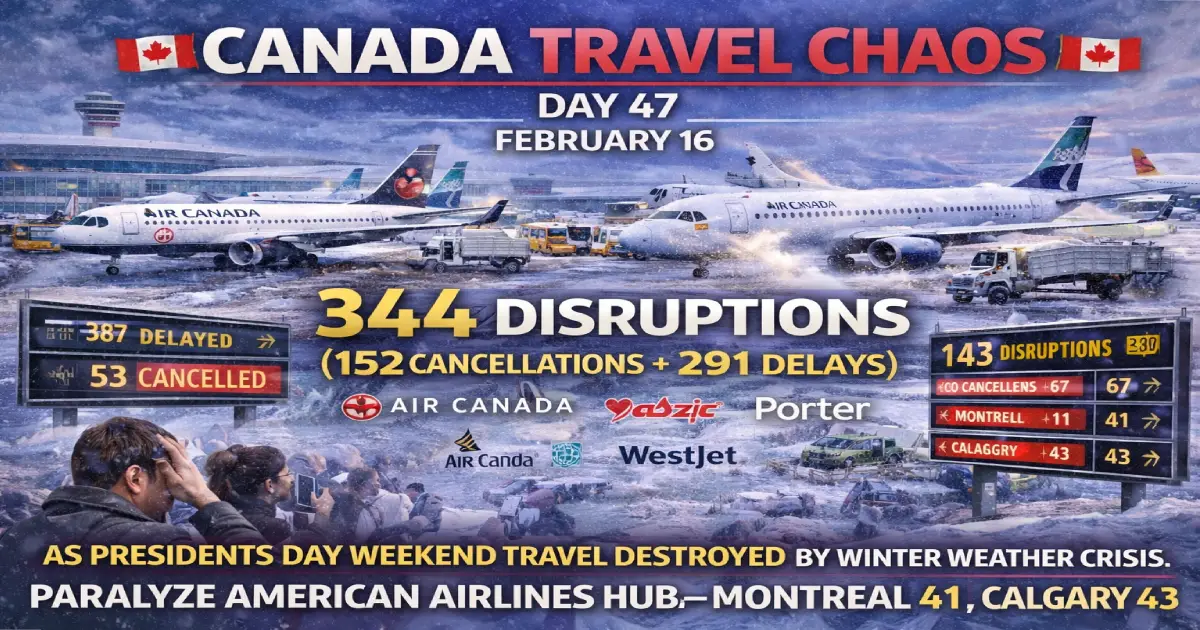 Canada Day 47 travel chaos February 16 2026 344 flight disruptions Toronto Pearson 143 Vancouver 67 Montreal Air Canada WestJet Jazz Porter winter weather crisis 5500 flights since January 1