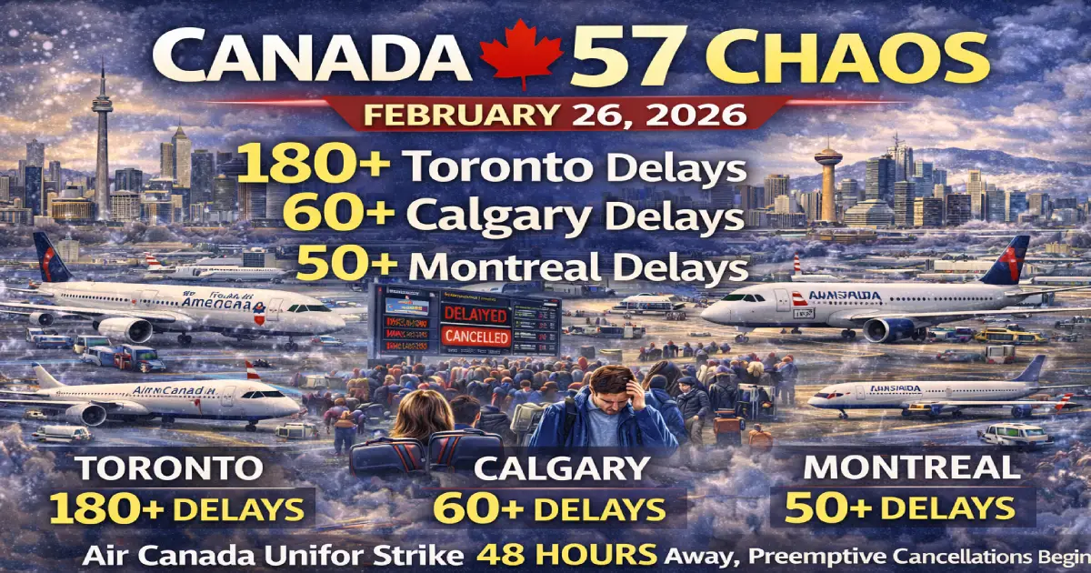 Canada Day 57 chaos February 26 2026 Toronto Pearson 180 delays Calgary 60 delays Montreal 50 delays Air Canada Unifor strike 48 hours away February 28 deadline preemptive cancellations 5826 customer service agents walkout Spring Break March Break crisis