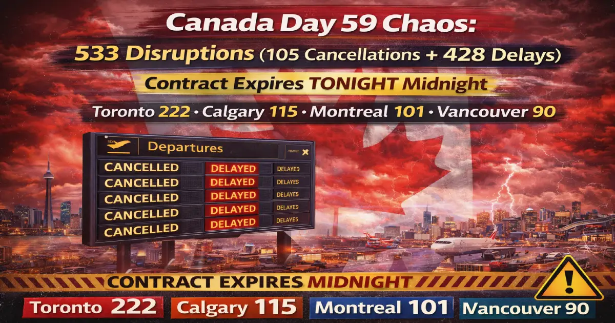 Canada Day 59 chaos February 28 2026 533 disruptions 105 cancellations 428 delays Toronto Pearson Calgary Montreal Vancouver Air Canada WestJet Jazz contract expires midnight tonight Unifor 5826 agents March Break World Cup