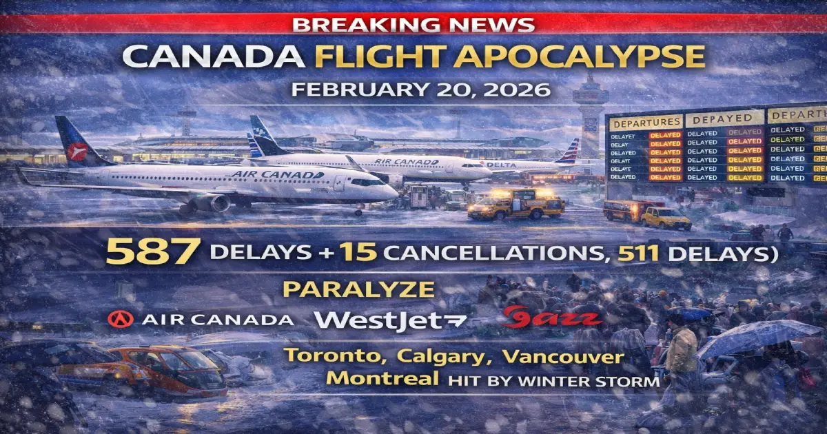 Canada flight apocalypse February 20, 2026, Toronto Pearson Airport chaos, Air Canada WestJet Jazz 511 delays 76 cancellations, winter storm paralyzes Calgary Vancouver Montreal, passengers stranded Day 51 crisis