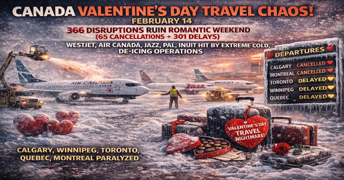 Canada Valentine's Day travel chaos February 14 2026 WestJet Air Canada 366 flight disruptions 65 cancellations 301 delays Calgary Winnipeg Toronto romantic getaways ruined couples stranded