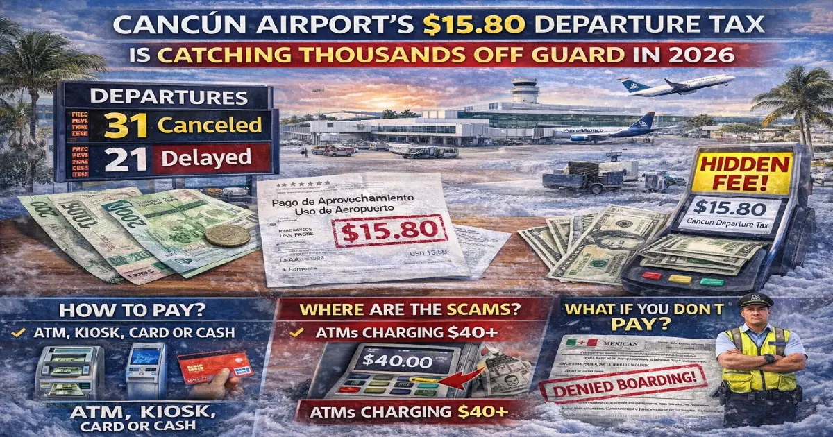 Cancún International Airport Terminal departure area with VISITAX checkpoint in 2026 — tourists must show QR code proof of $15.80 state tourism tax payment before reaching security screening