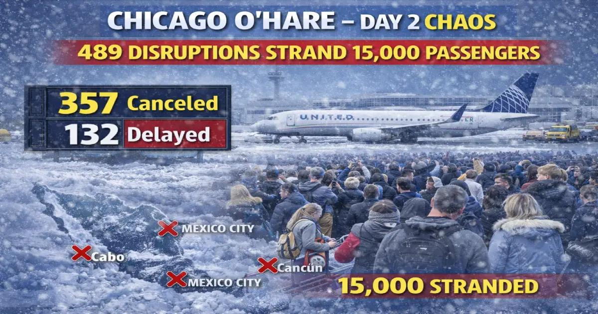 Chicago O'Hare airport chaos February 23 2026 489 disruptions 237 cancellations 252 delays United Republic Airlines American Endeavor Air SkyWest Winter Storm Hernando 15000 passengers stranded NYC LA Miami routes severed
