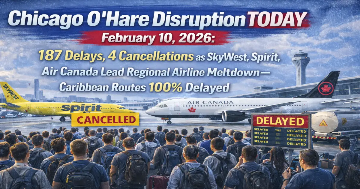 Chicago O'Hare International Airport terminal crowded with 187 delayed flights and 4 cancellations affecting SkyWest, Spirit Airlines, Air Canada, Jazz Aviation with Caribbean routes 100% delayed February 10, 2026