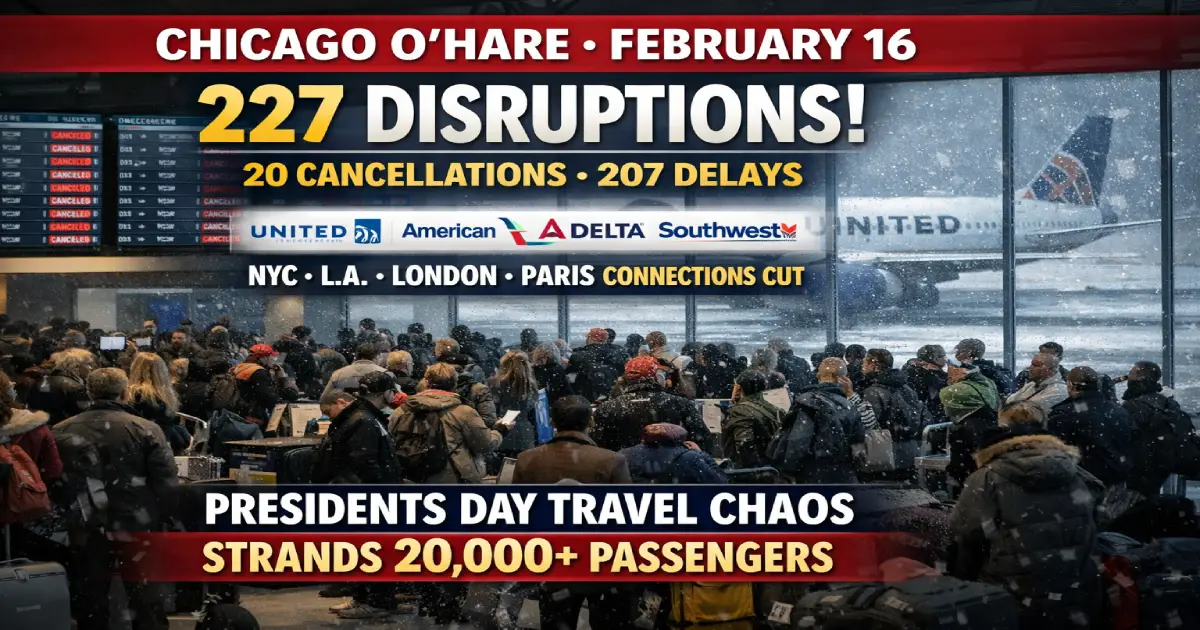 Chicago O'Hare Airport February 16 2026 227 flight disruptions 20 cancellations 207 delays United Airlines American Airlines Presidents Day NYC Los Angeles London Paris connections severed passengers stranded