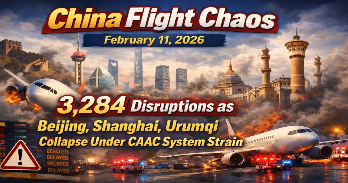 China airports experiencing massive flight chaos February 11 2026 showing Beijing Shanghai Urumqi with 3284 disruptions China Eastern Air China CAAC system strain military airspace bottleneck