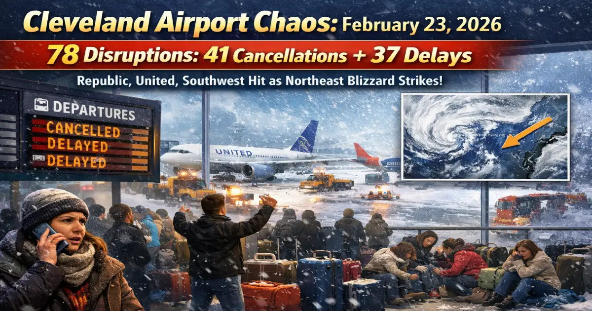 Cleveland Hopkins International Airport chaos February 23 2026 78 disruptions 41 cancellations 37 delays Republic Airways United Southwest Northeast blizzard severs Ohio East Coast connections New York Boston Philadelphia