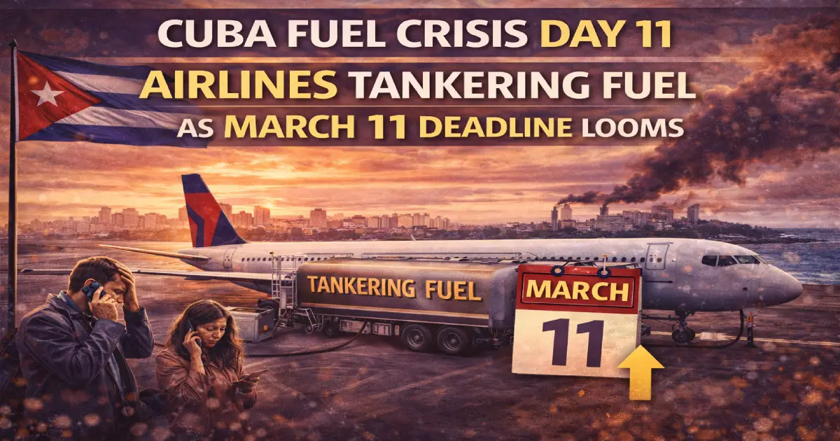Cuba jet fuel crisis February 20 2026 Day 11 Havana Jose Marti International Airport empty planes Air Canada WestJet Air Transat suspended Southwest tankering fuel Trump oil blockade Mexico China humanitarian aid March 11 deadline tourism collapse