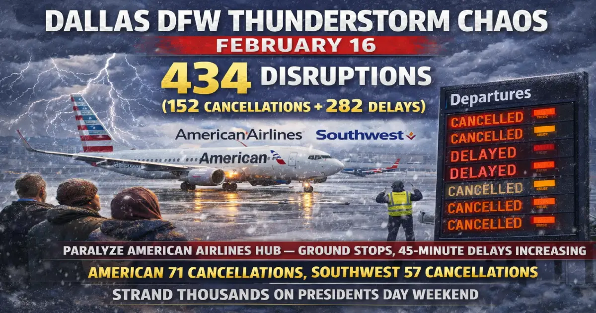 Dallas DFW Airport thunderstorm chaos February 16 2026 434 flight disruptions 152 cancellations 282 delays American Airlines 71 cancelled Southwest 57 cancelled ground stops 45 minute delays Presidents Day weekend