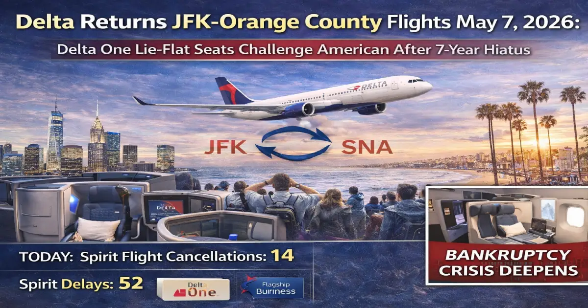 Delta Air Lines Boeing 757-200 with Delta One lie-flat business class seats flying JFK to Orange County route May 2026 transcontinental service