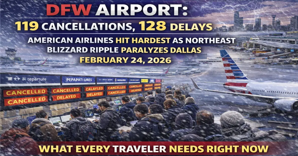 Dallas Fort Worth DFW airport departure board showing 119 cancellations February 24 2026 with American Airlines worst hit by Northeast blizzard ripple effect