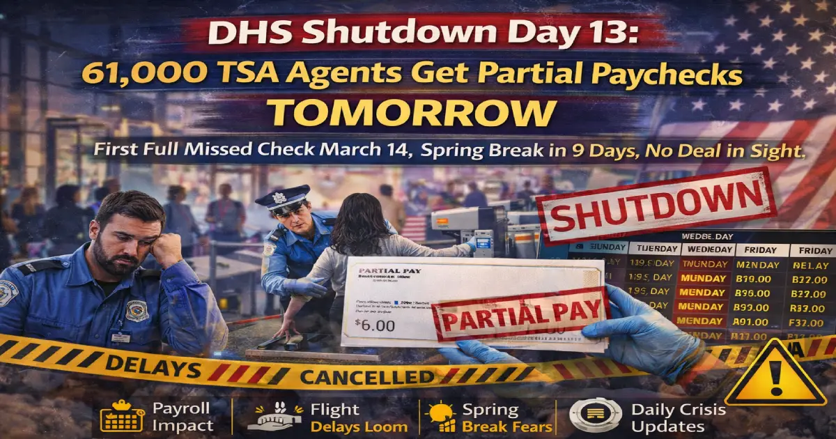TSA security checkpoint at busy US airport during DHS shutdown Day 13 February 27 2026 with 61000 agents working without full pay ahead of partial paychecks February 28 and spring break beginning March 8