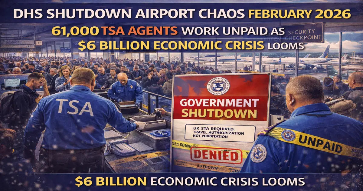 DHS shutdown February 2026, TSA security checkpoint delays, 61,000 agents working unpaid, airport lines, spring break travel crisis, government funding lapse