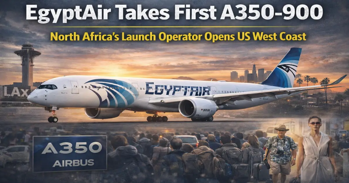 EgyptAir Airbus A350-900 SU-GGE Cairo International Airport delivery February 2026 first North Africa launch operator business class suites 30 seats direct aisle access US West Coast Los Angeles San Francisco nonstop long-haul fleet modernization Boeing 777 retirement