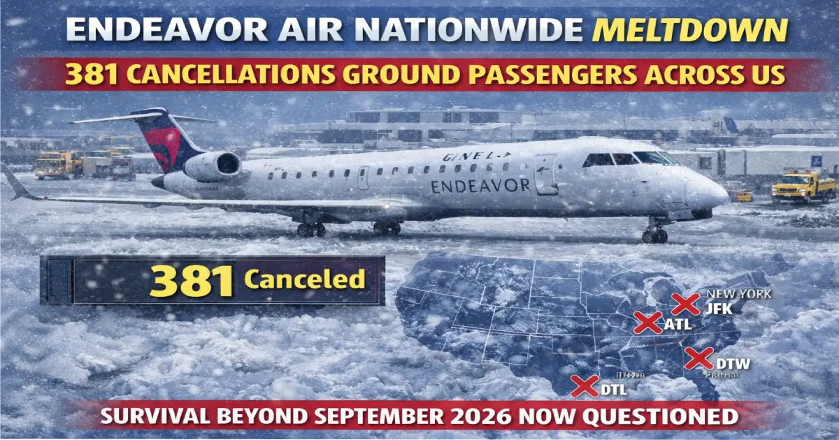 Endeavor Air nationwide meltdown February 24 2026 381 cancellations LaGuardia JFK 99 percent 100 percent cancelled Chicago O'Hare Atlanta Delta Connection regional carrier Winter Storm Hernando NYC blizzard 50000 passengers stranded