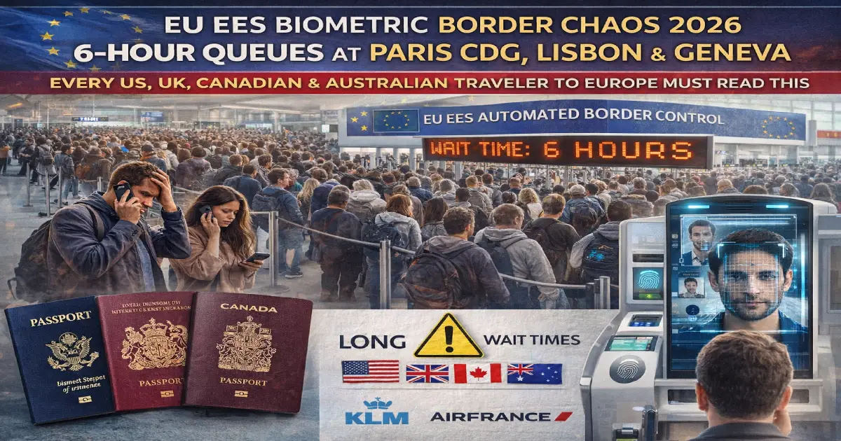 EU Entry Exit System EES biometric border chaos 2026 — 7-hour passport queues at Lisbon airport, 6-hour waits at Geneva and Paris CDG as US, UK, Canadian and Australian travelers face fingerprint and facial scan registration at Schengen borders