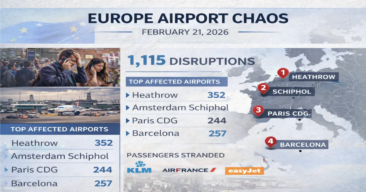 Europe airport chaos February 21 2026 — 1,066 delays and 49 cancellations hit London Heathrow, Amsterdam Schiphol, Paris CDG, Barcelona, Madrid as KLM, Air France, easyJet, Iberia and British Airways passengers stranded across 8 countries