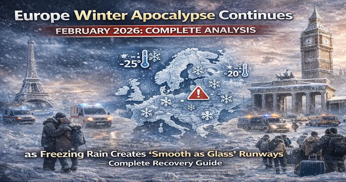 European airports across Berlin, Amsterdam, Paris, and London showing massive flight disruption boards with 5,000+ cancelled flights during February 2026 winter storms