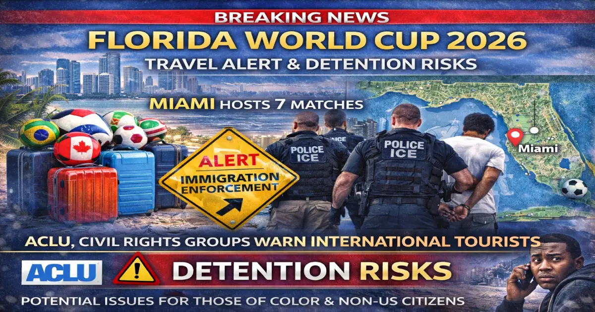 Florida World Cup 2026 travel alert, ACLU warning international tourists, Miami Hard Rock Stadium 7 matches, immigration enforcement concerns, ICE detention risks, racial profiling fears, civil rights groups