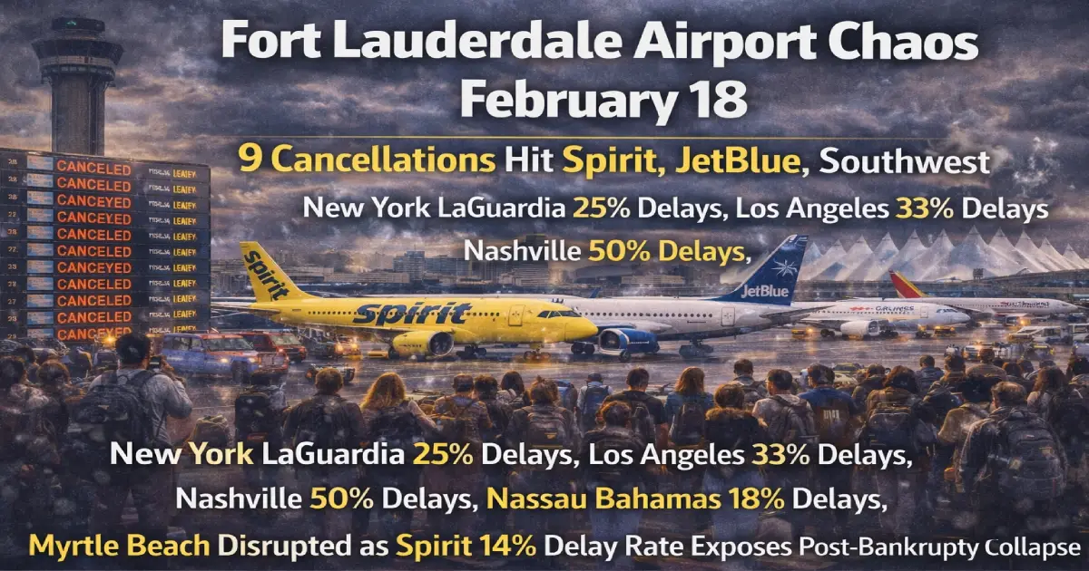 Fort Lauderdale airport chaos February 18 2026 9 cancellations Spirit Airlines 14 percent delay rate JetBlue Southwest Nashville 50 percent delays Los Angeles 33 New York 25 Nassau 18 cruise passengers Port Everglades stranded