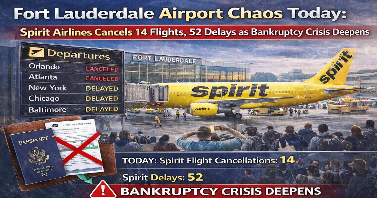 Fort Lauderdale airport departures board showing Spirit Airlines cancellations and delays February 9 2026 with stranded passengers waiting at gate terminals