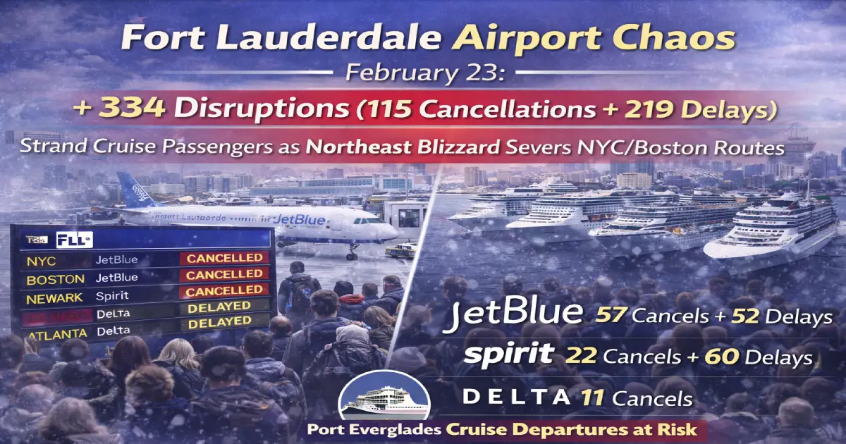 Fort Lauderdale airport February 23 2026 334 disruptions 115 cancellations 219 delays JetBlue 57 cancels 52 delays Spirit 22 cancels 60 delays Northeast blizzard NYC Boston Port Everglades cruise passengers stranded 4 million annual