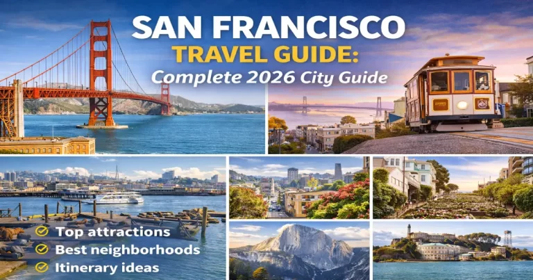 San Francisco travel guide showing Golden Gate Bridge, cable cars on hills, Victorian houses, Alcatraz Island and city skyline across different seasons
