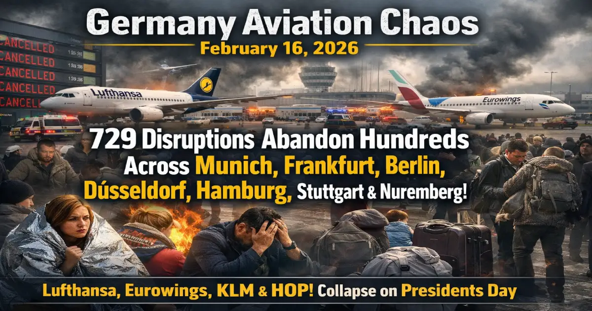 Germany aviation chaos February 16 2026 departure boards at Munich Frankfurt Berlin Dusseldorf Hamburg showing 677 delays 52 cancellations Lufthansa KLM Eurowings HOP Condor Presidents Day transatlantic passengers stranded