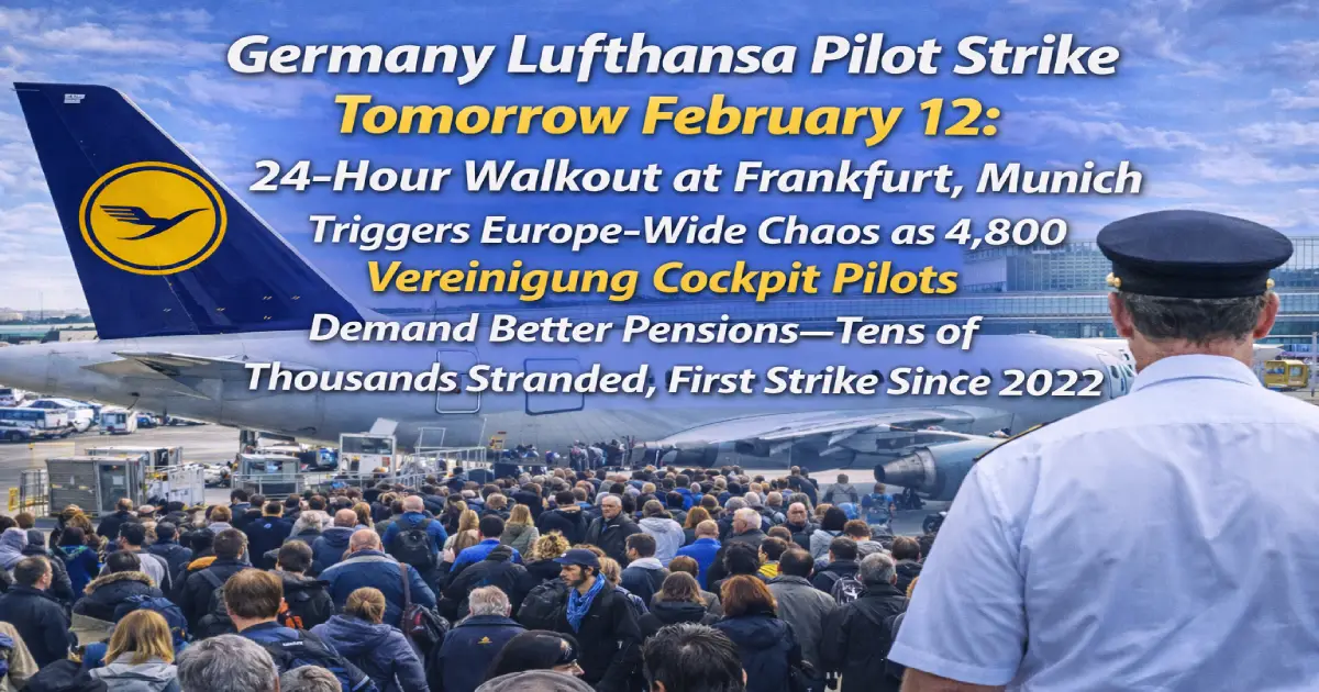Germany Lufthansa pilot strike February 12 2026 Frankfurt Airport chaos Vereinigung Cockpit union 24-hour walkout pension dispute 4800 pilots tens of thousands stranded