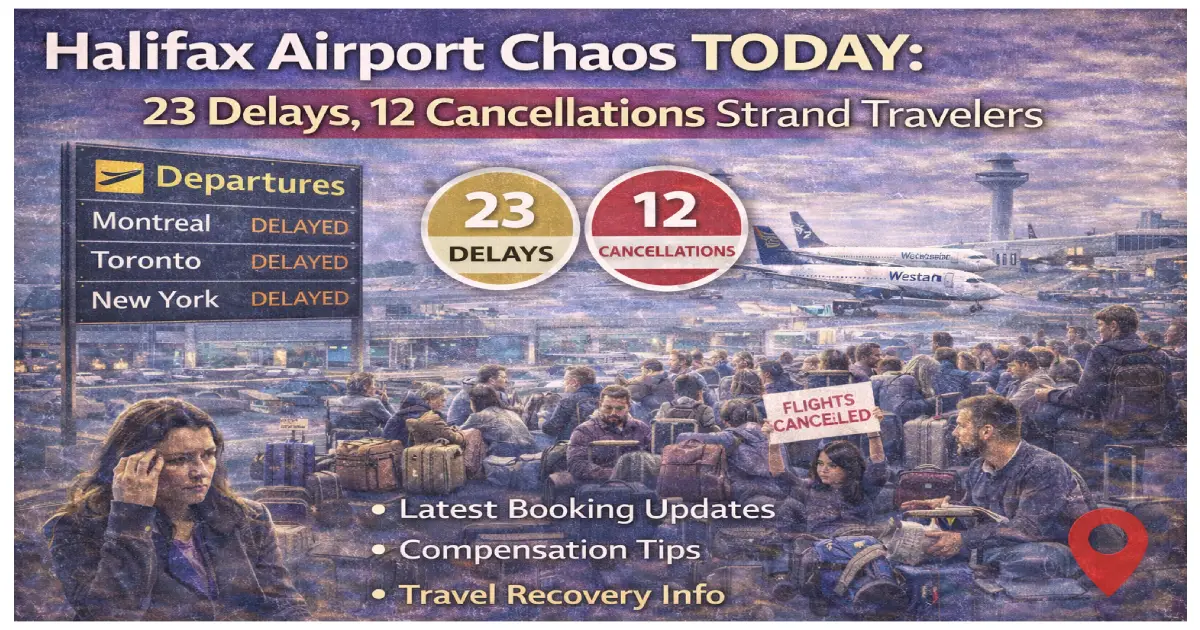 Halifax Stanfield International Airport departure boards showing extensive delays and 12 cancellations February 12 2026 with frustrated passengers stranded during winter snowstorm as Air Canada WestJet Delta affected Nova Scotia Atlantic Canada
