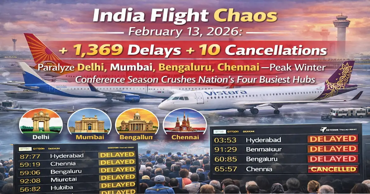 India airports experiencing massive chaos February 13 2026 with 1379 total disruptions 1369 delays 10 cancellations Delhi Mumbai Bengaluru Chennai IndiGo Air India Vistara winter conference season business travel crushed