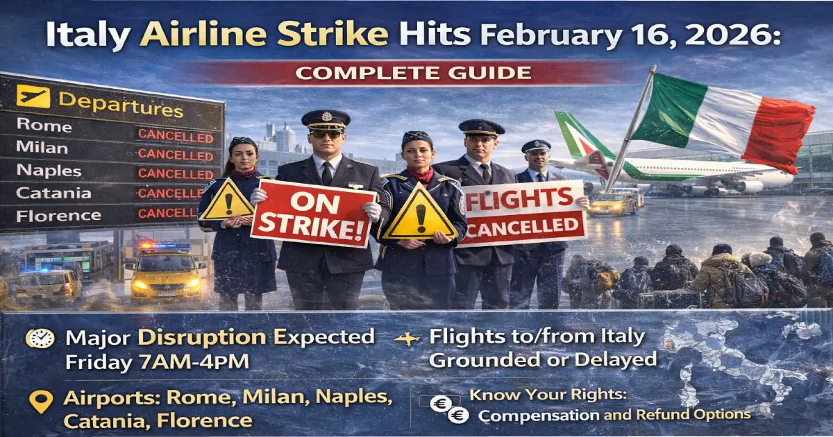 ITA Airways and Vueling aircraft grounded at Milan Malpensa Airport during February 16, 2026 airline strike with 314 flight cancellations across Italy
