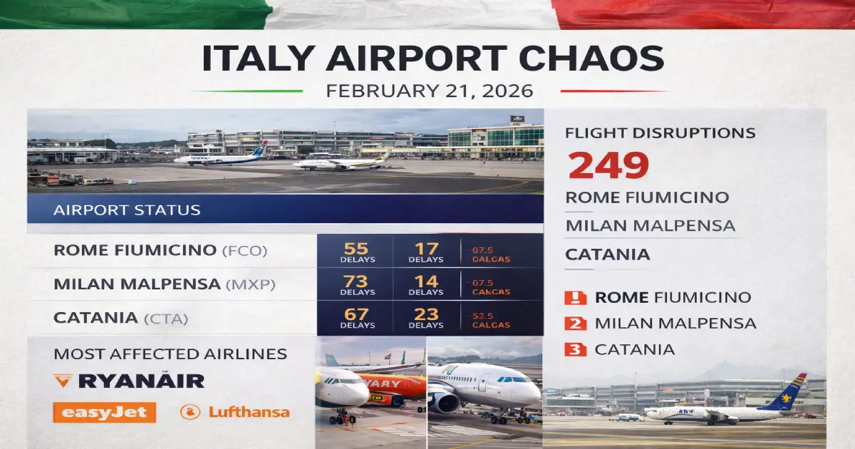 Italy airport chaos February 21 2026 - 237 delays and 12 cancellations hit Rome Fiumicino, Milan Malpensa, Catania Fontanarossa and Bergamo Orio al Serio as Ryanair, easyJet and Lufthansa passengers stranded