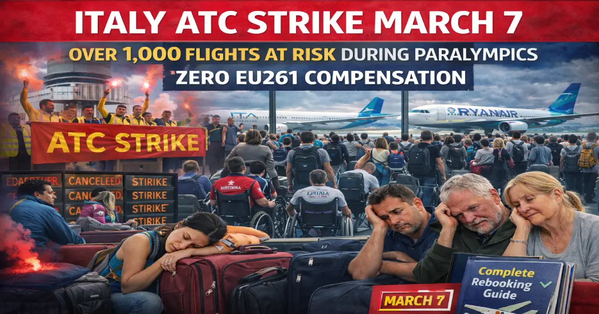 Italy ENAV Rome ACC air traffic control strike March 7 2026 8 hours 10:00–18:00 - 1000 flights disrupted Rome Fiumicino Milan Malpensa Venice - no EU261 fixed compensation guide
