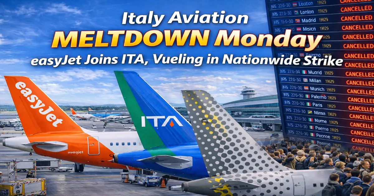 EasyJet, ITA Airways, and Vueling aircraft grounded at Milan Malpensa and Rome Fiumicino airports during February 16, 2026 nationwide aviation strike showing empty gates, cancelled flight boards, and thousands of stranded passengers across Italy