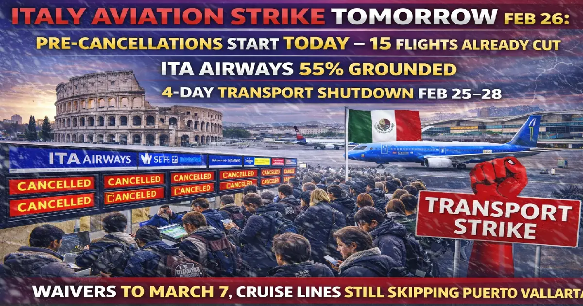 Italy aviation strike February 26 2026 — ITA Airways and easyJet 24-hour walkout cancels hundreds of flights at Rome Fiumicino and Milan Malpensa with rail strike February 27-28