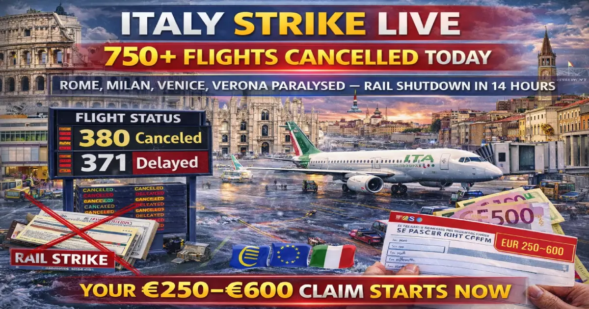Italy aviation strike live February 26 2026 — departure boards at Rome Fiumicino and Milan Malpensa show 750 plus flights cancelled as ITA Airways easyJet and Vueling walkout begins