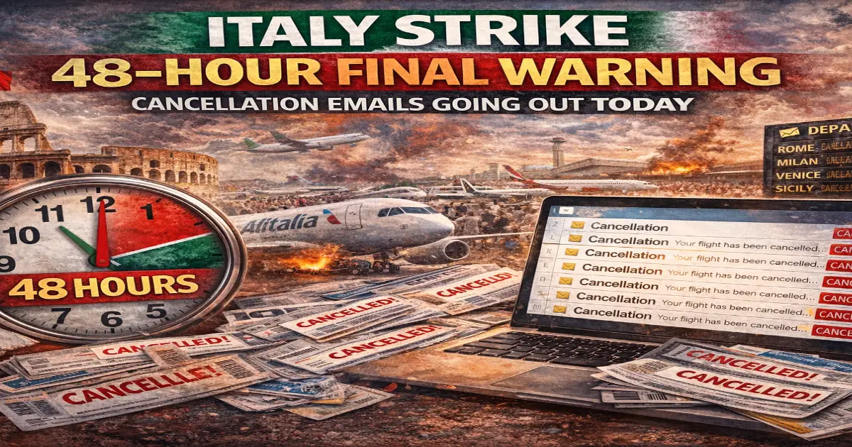 Italy airline strike February 16 2026 48 hour countdown ITA Airways easyJet Vueling cancellation emails Rome Milan Venice airports protected flight lists passengers checking phones Venice Carnival tourists scrambling last minute rebooking chaos