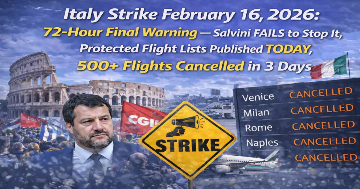 Italy aviation strike February 16 2026 final 72-hour warning Milan Malpensa Rome Fiumicino departure board showing ITA Airways EasyJet Vueling cancellations protected flight list published Salvini postponement refused