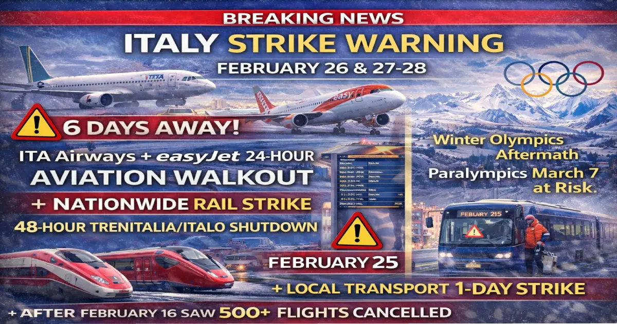 Italy strike warning February 26 2026 ITA Airways easyJet 24-hour aviation rail strike February 27-28 Trenitalia 48-hour shutdown local transport February 25 Winter Olympics Paralympics Rome Milan Venice Florence 300000 passengers