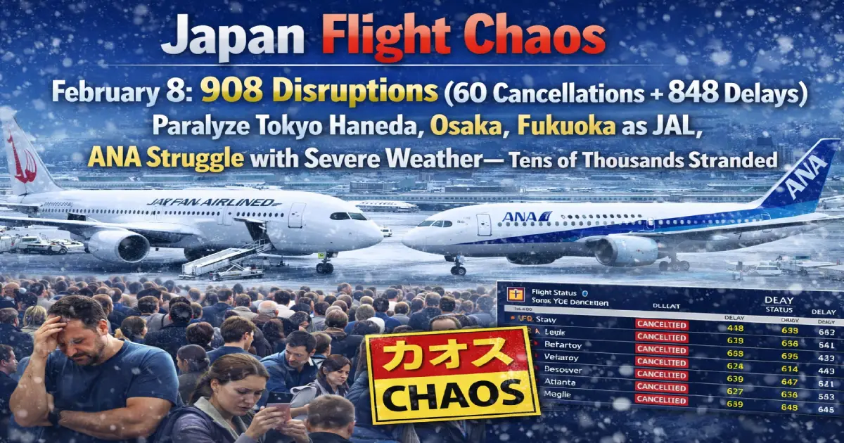 Japan flight chaos February 8 2026 Tokyo Haneda Airport 908 disruption
