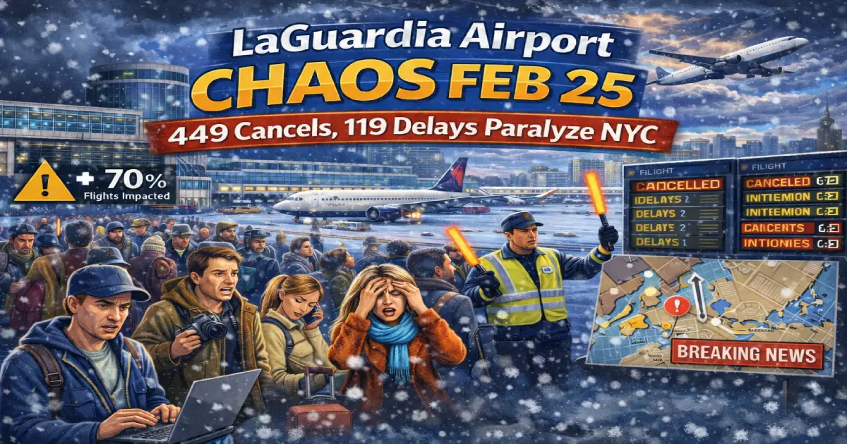 LaGuardia Airport February 25 2026 449 flight cancellations 119 delays Republic Airways 164 Endeavor Air 105 Delta 74 American 33 19 inches Central Park snow Northeast blizzard Winter Storm Hernando