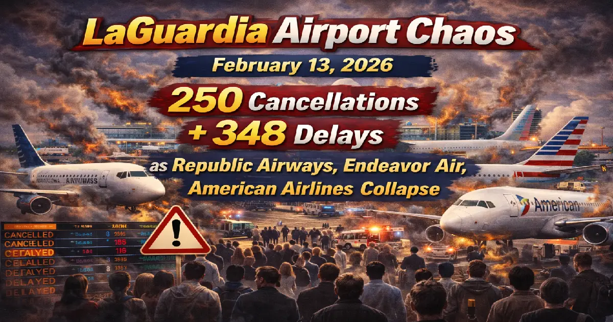 LaGuardia Airport experiencing massive chaos February 13 2026 with 598 total disruptions 250 cancellations 348 delays Republic Airways Endeavor Air American Airlines regional carrier meltdown passengers stranded