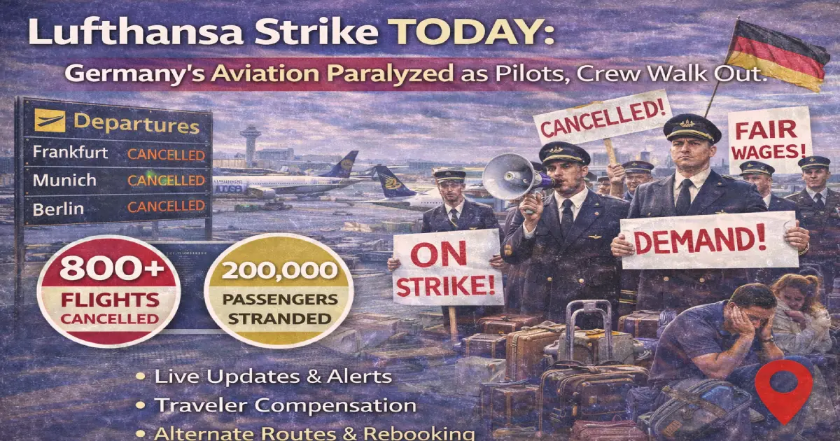 Lufthansa aircraft grounded at Frankfurt and Munich airports during February 12 2026 24-hour pilot and cabin crew strike showing empty gates departure boards with hundreds of cancelled flights stranded passengers across Germany Europe