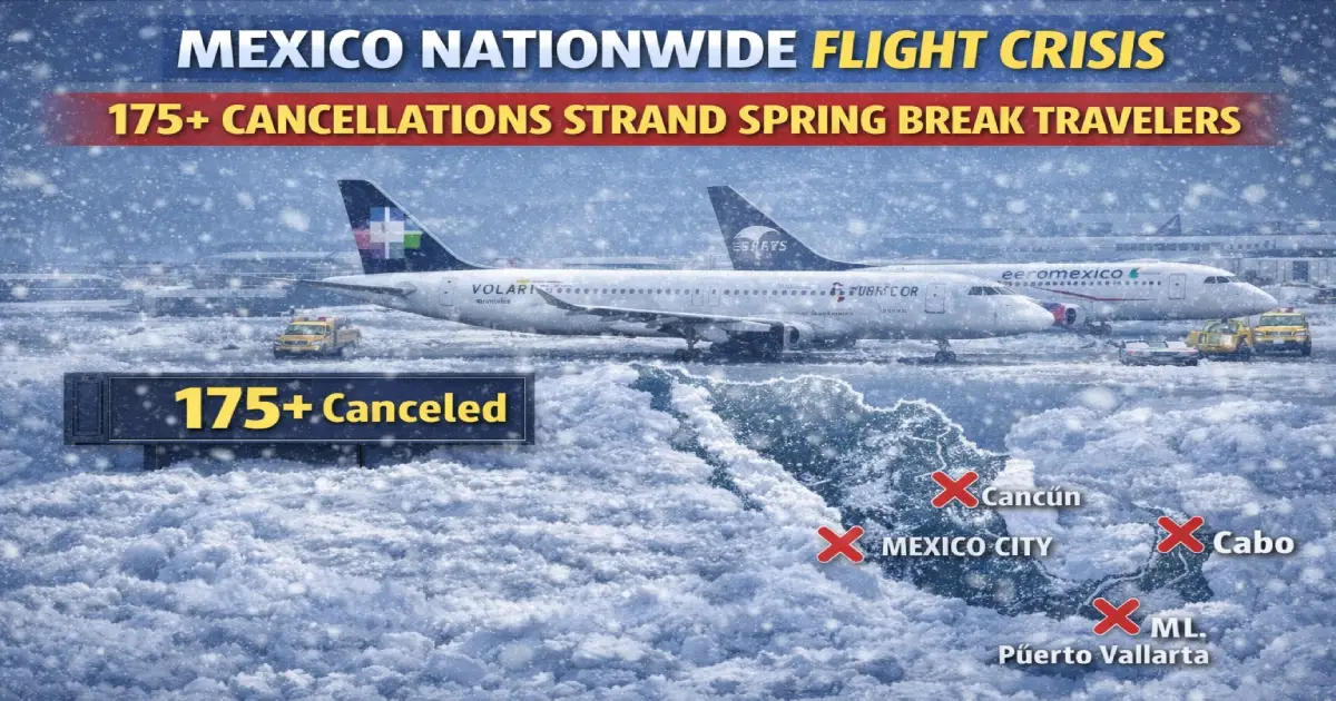 Mexico nationwide flight crisis February 23 24 2026 175 cancellations El Mencho CJNG cartel leader killed Puerto Vallarta Guadalajara Cancun airports US Embassy shelter in place American United Delta Southwest Spring Break chaos stranded passengers