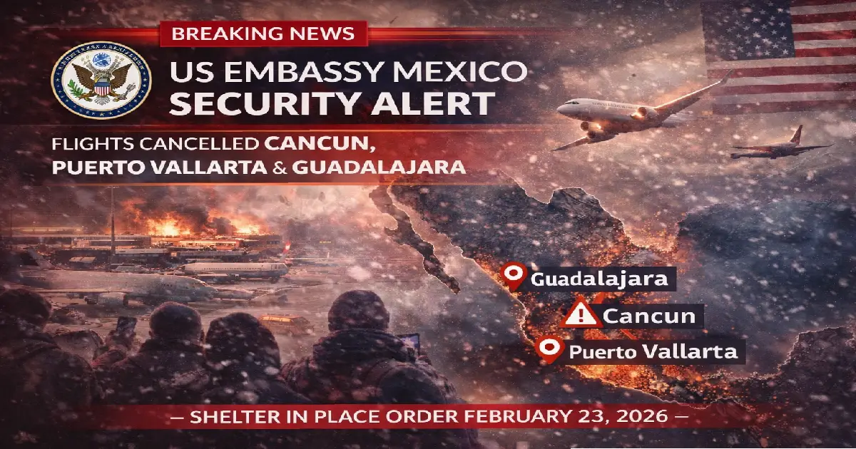 US Embassy Mexico security alert February 2026 with flights cancelled at Puerto Vallarta and Guadalajara airports after cartel leader El Mencho killed