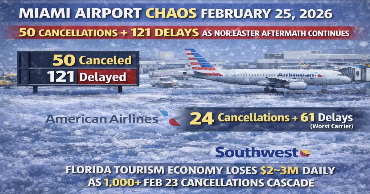 American Airlines aircraft parked at Miami International Airport (MIA) during the February 25 Nor'easter aftermath and flight recovery period.