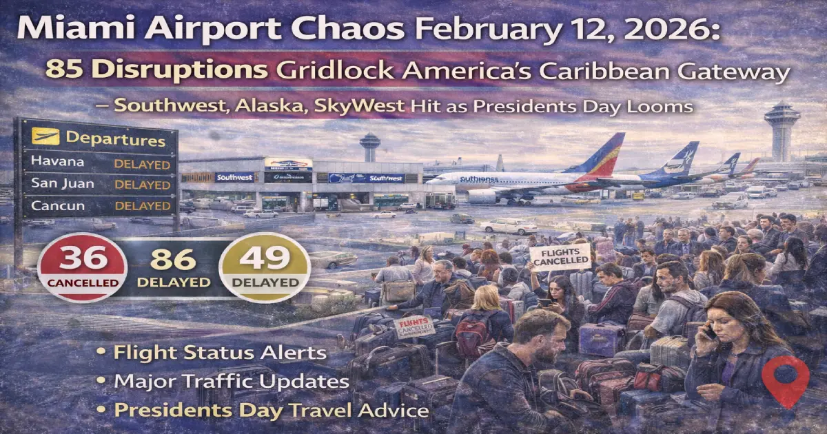 Miami International Airport MIA departure board showing 82 delays and 3 cancellations February 12 2026 with Southwest Alaska SkyWest aircraft grounded Caribbean Latin America routes gridlocked Presidents Day warning