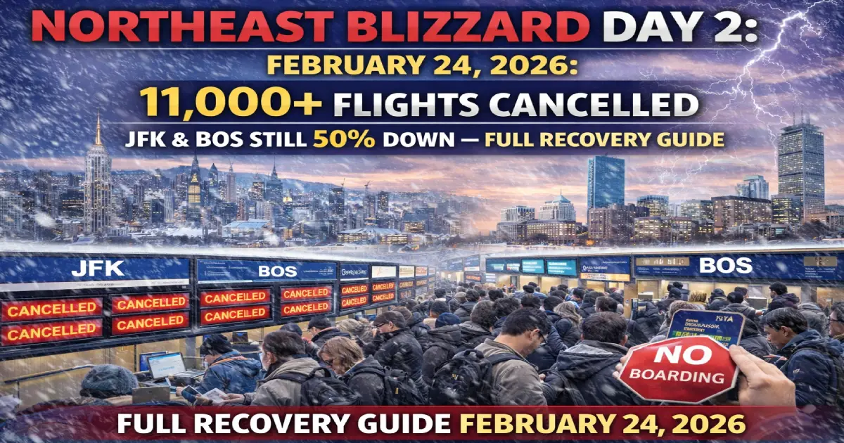 Cancelled flight board at JFK airport on Day 2 of Northeast blizzard February 24 2026 — Winter Storm Hernando recovery with 11000 flights cancelled
